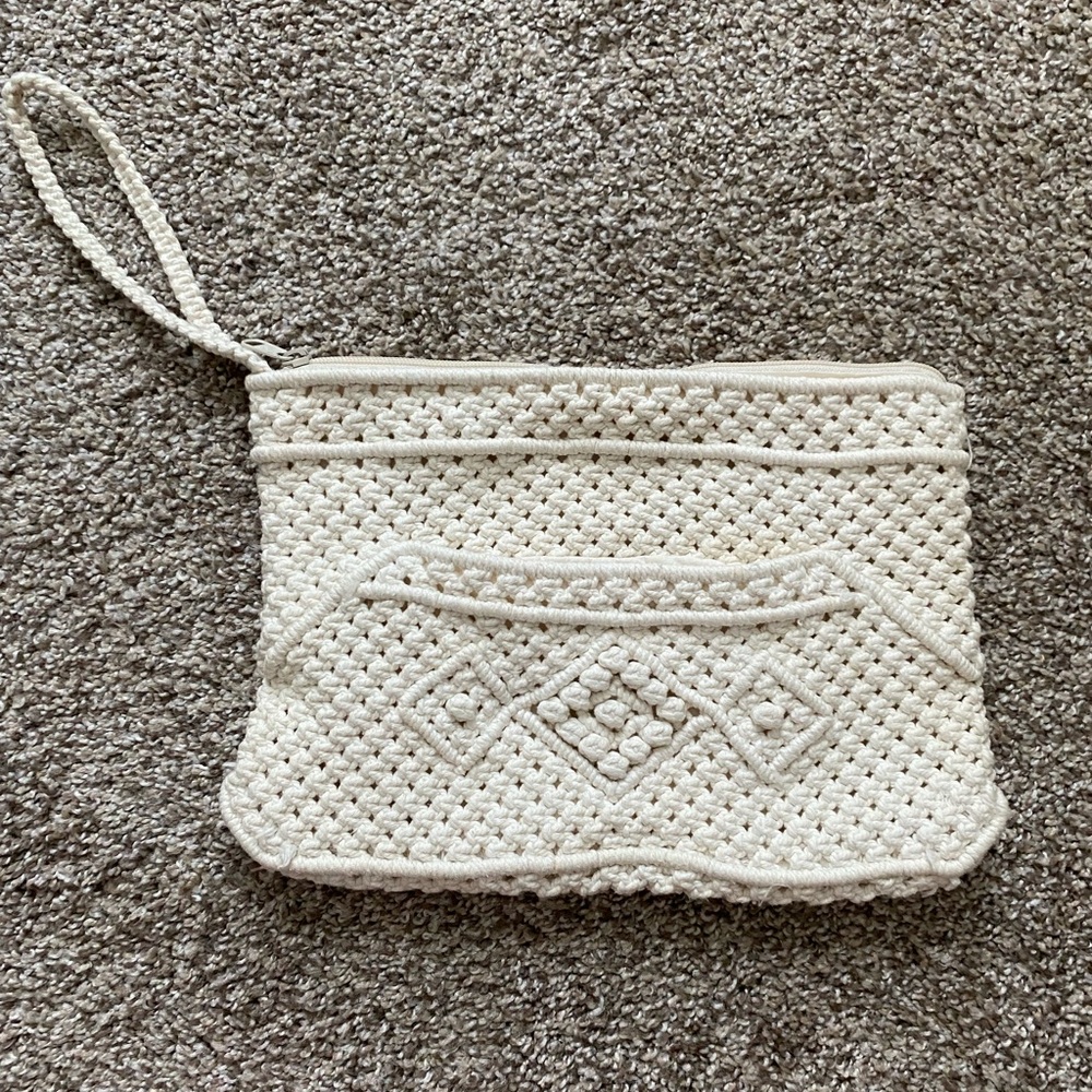 Vintage 70s Crochet Knit Beige Handbag Wristlet Clutch Peoples Republic of China